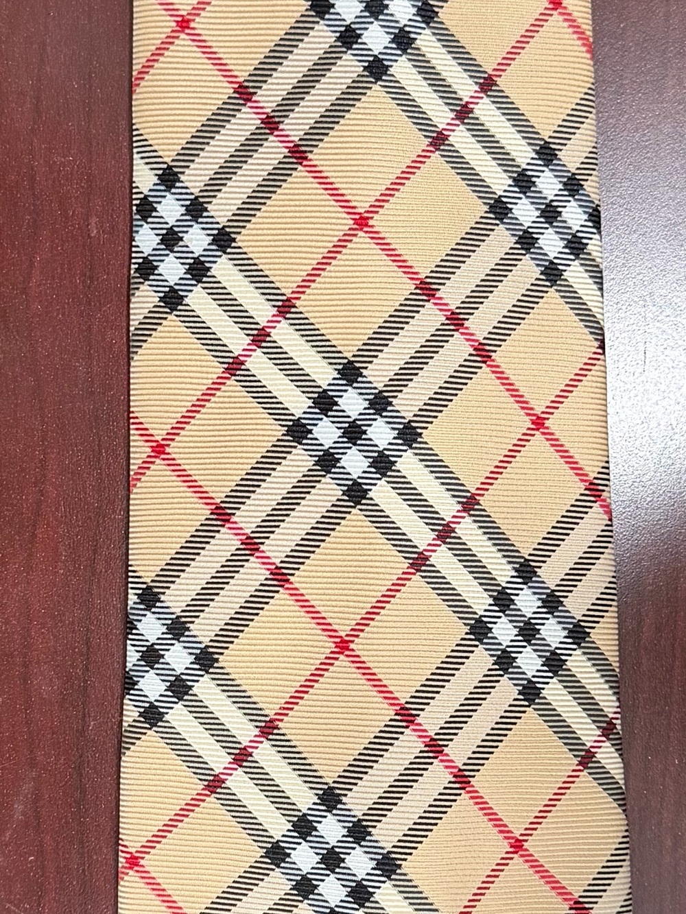 Burberry Beige Plaid Tie with Red and Black Accents